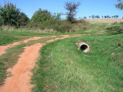 Propustek M5 - původní stav, je vidět zarostlou část polní cesty od km 0,250 .Cesta od km 0,500 s pohledem na propustek M24 - průběh realizace.jpg
